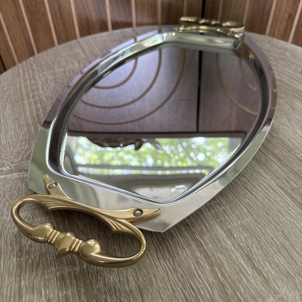 Vintage Kromex Serving Tray Gold Handle Chrome Plated Platter 17"